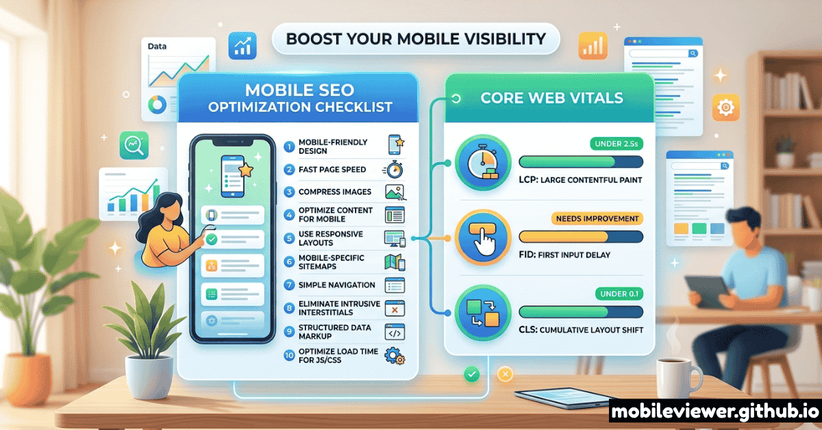 Illustration of mobile SEO optimization checklist and core web vitals