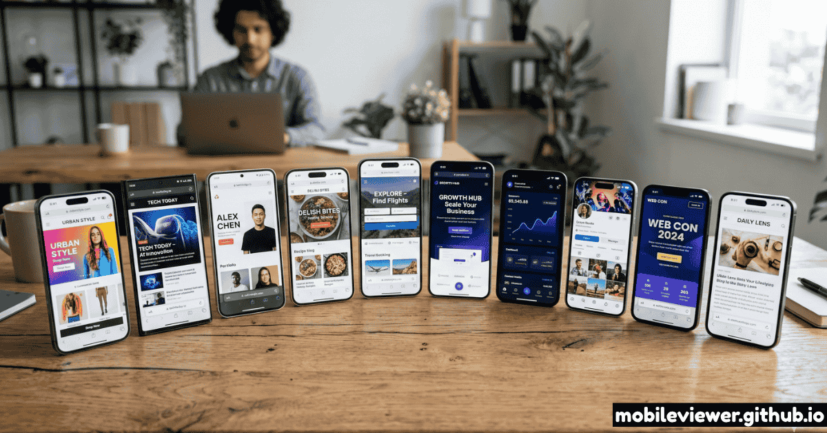 Collection of modern smartphones showing different website layouts