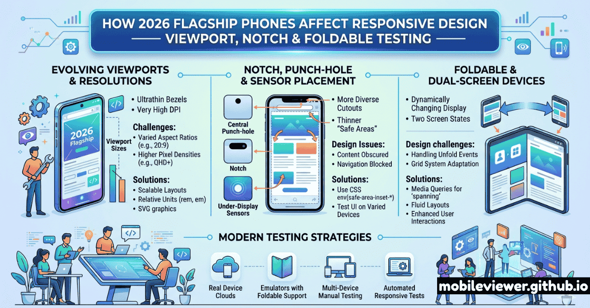 A hand holding a 2026 flagship smartphone scanning a QR code on a monitor to test a responsive layout's notch and safe area handling