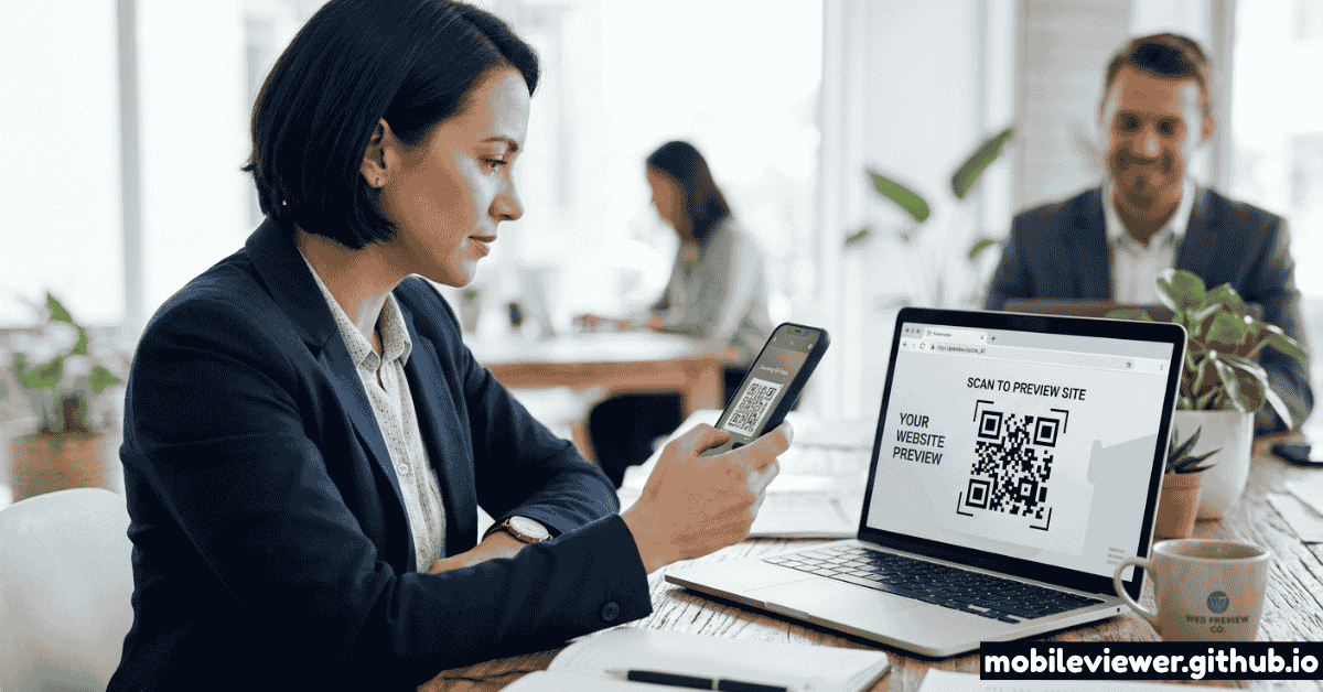 A client scanning a QR code on a laptop screen to preview a website on their smartphone