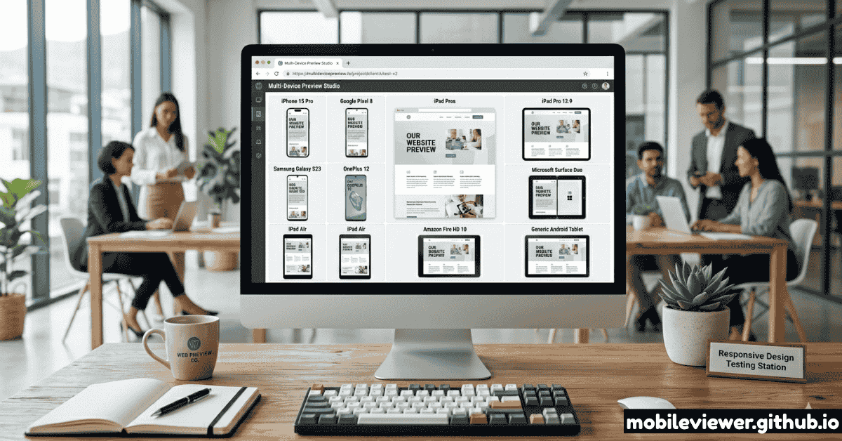 A desktop screen showing a website being tested across various mobile and tablet device frames