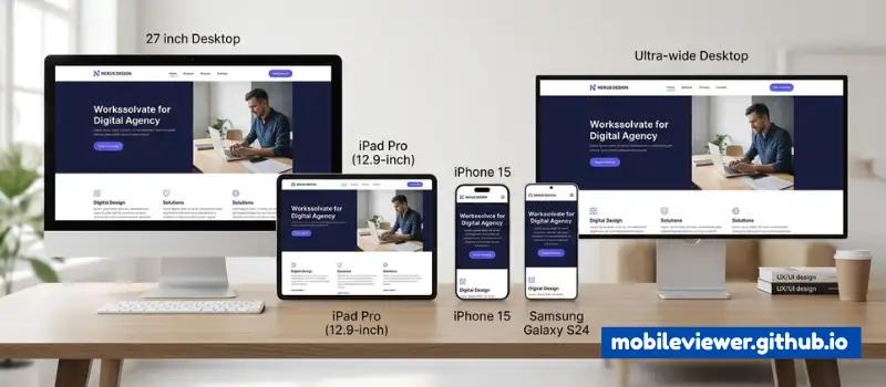 Responsive design preview showing websites displayed on iPhone 15, Samsung Galaxy S24, iPad Pro, and desktop monitors